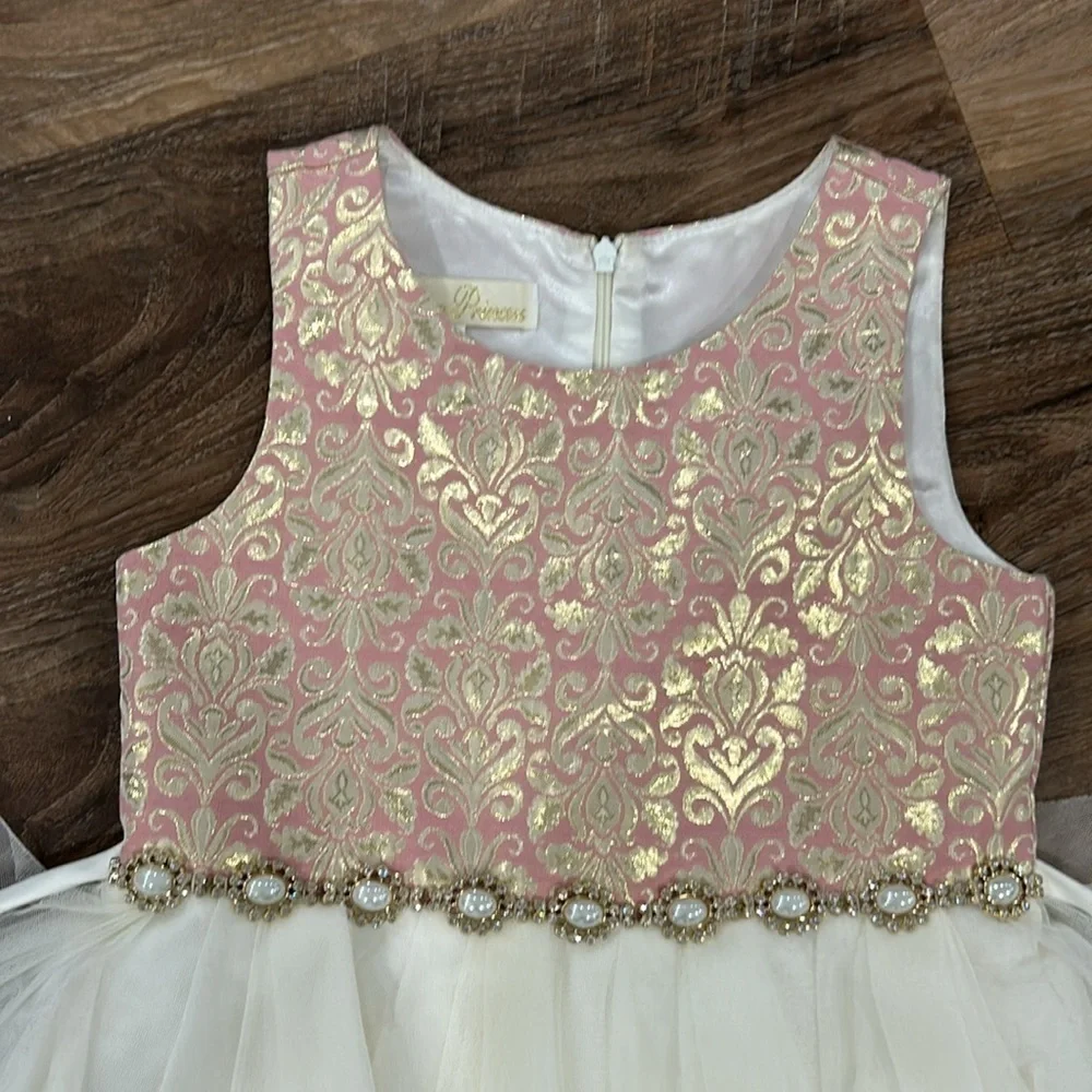 American Princess Pearls and Tulle Sparkle Fancy Dress Size 7 Pink/Cream/Gold